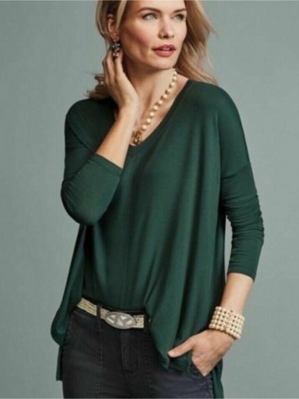 Cabi 3416 Hunter Green V-Neck Chill Tee Tunic Top Longsleeve L Large Dolman